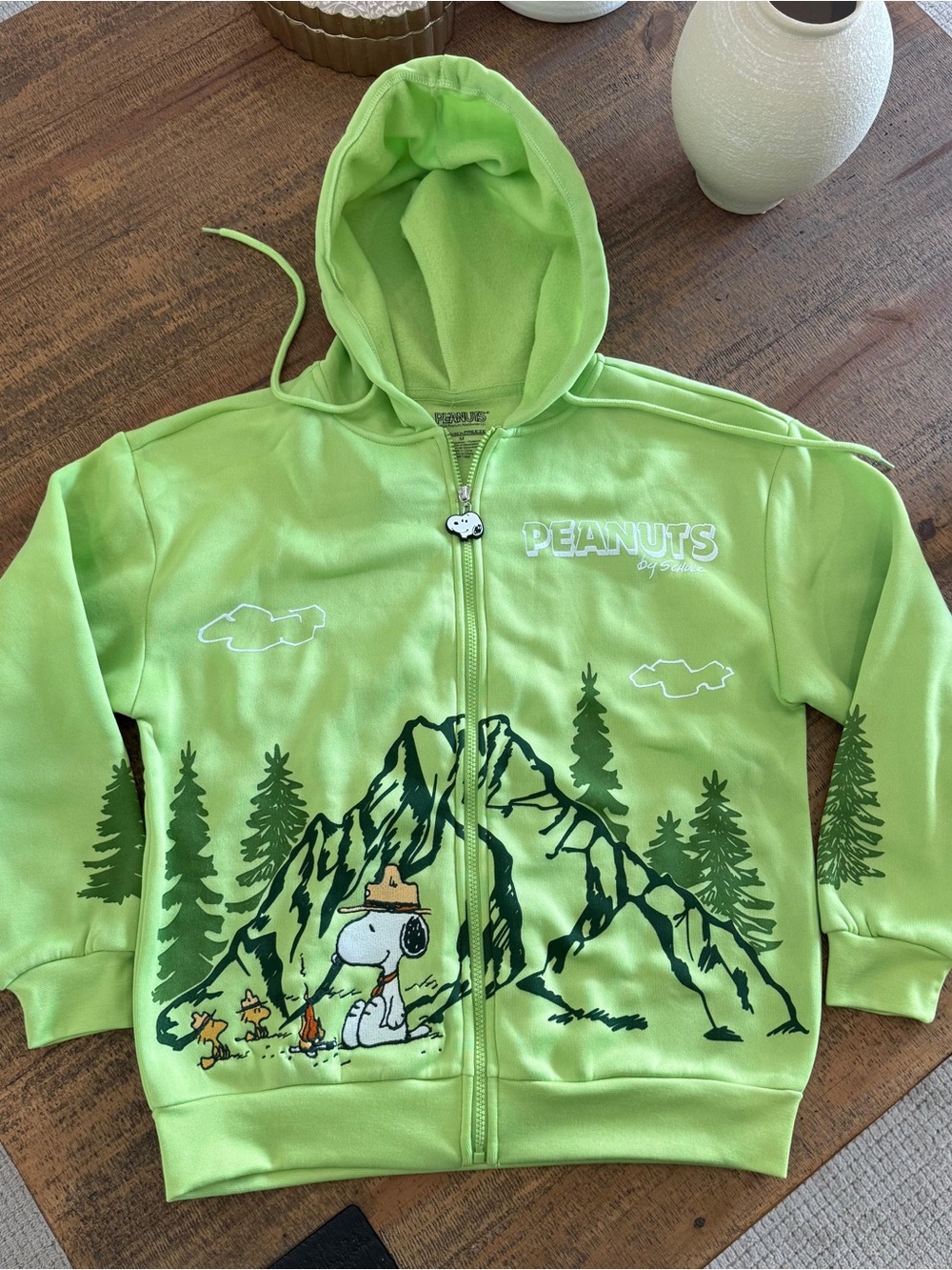 Peanuts Lime Green Hoodie with Snoopy Camping Graphic NWOT